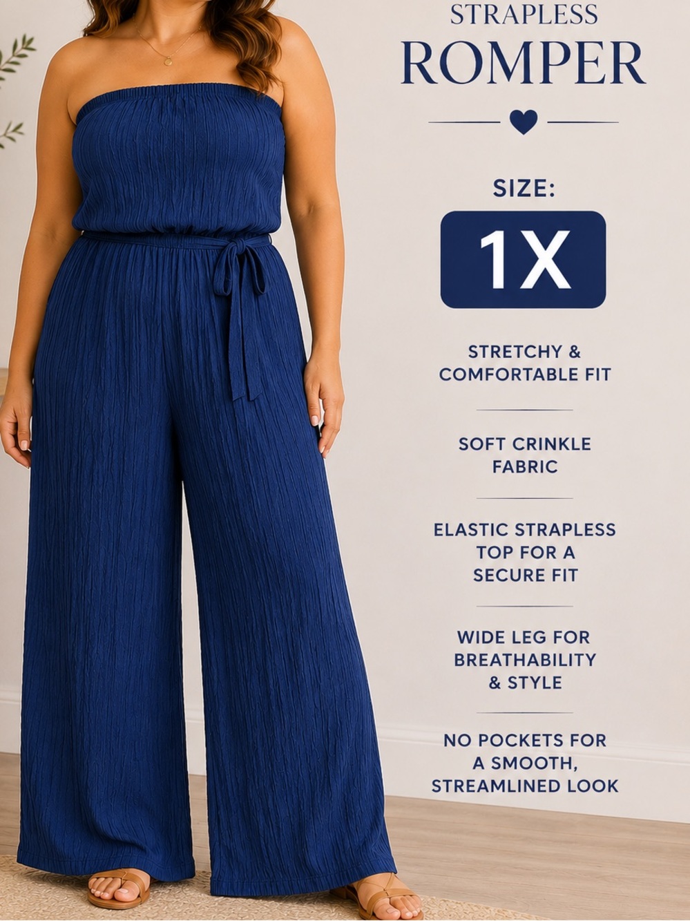 COSMIC BEAUTY Strapless Wide-Leg romper in Deep Blue 1X
Pit 16”
Length  47”